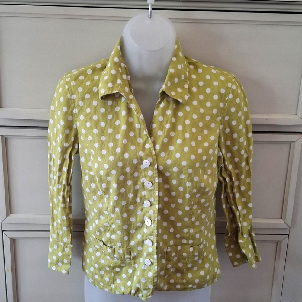 Talbots 100% Linen Green Polka Dot Button Up